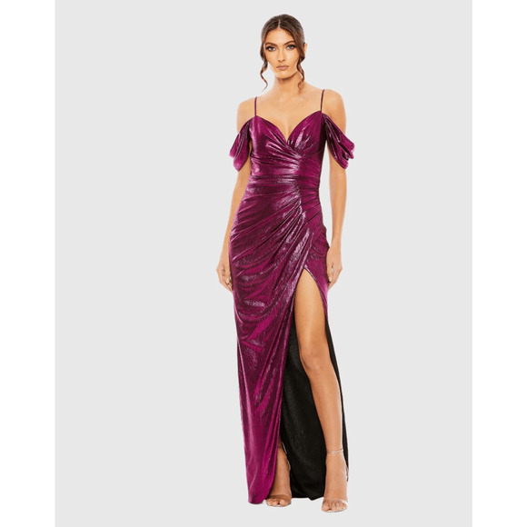Mac Duggal NWT Off The Shoulder Cap Sleeve Faux Wrap Gown in Fuchsia Size 4 - Picture 1 of 9